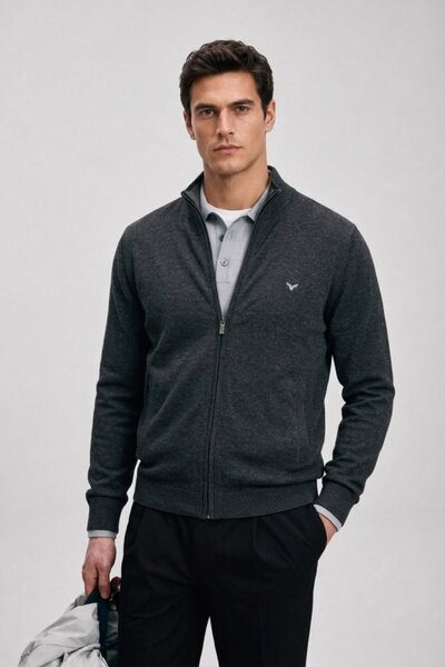 Maccali Men's Regular Fit Smoked Winter Cardigan with Zipper Pockets