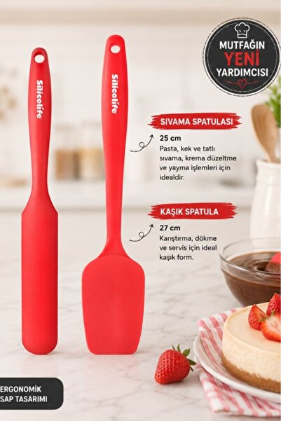 Silicolife 2’li Pasta Spatula Seti, Silikon Yanmaz Yapışmaz Kaşık Spatula ve Krema Sos Çikolata Sıvama Bıçağı