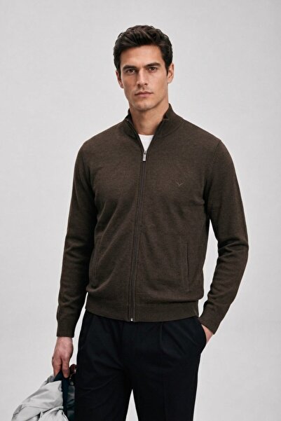 Maccali Men's Regular Fit Dark Brown Winter Cardigan with Zipper Pockets