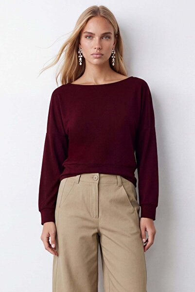 Trend Alaçatı Stili Women's Burgundy Boat Neck Long Sleeve Blouse Alc-X15611