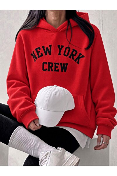 Oksit Sw Unisex Oversize "New York Crew" Printed Hooded Kangaroo Pocket Sweat...
