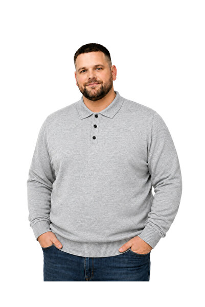BattalModa Men's Large Size Gray Buttoned Polo Collar Knitwear Sweater 3Xl-4X...