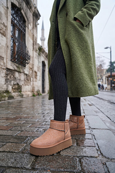 BOUIS Women's Tan Suede Stone Ankle Boots with Platform Soles, Stylish and Co...