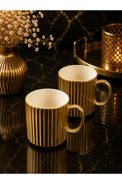 YzHome 2 Li Porselen Gold Gümüş Lüsterli Çizgili Çay Kahve Kupası Bardak Kupa...