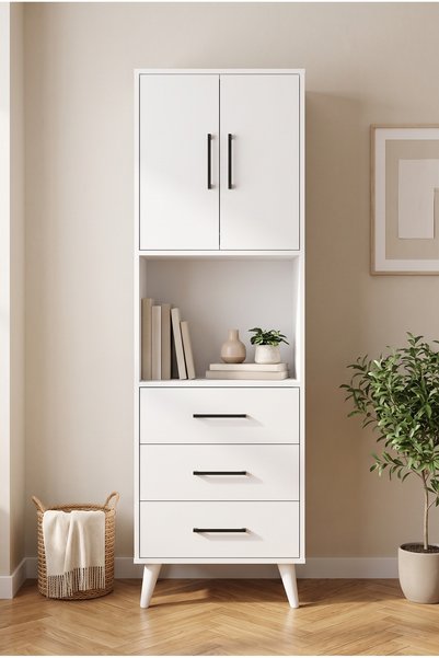 MONTENERO Çok Amaçlı Dolap 2 Kapaklı 3 Çekmeceli Raflı Salon Vitrini Beyaz 60 Cm