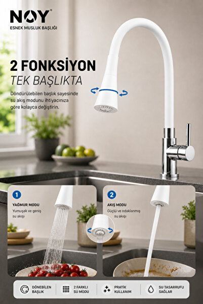 NOY Mutfak Musluk Bataryası Uyumlu Beyaz Oynar Başlık