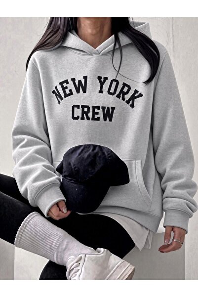 Oksit Sw Unisex Oversize Φούτερ με στάμπα "New York Crew" και τσέπη καγκουρό