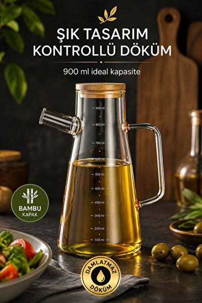 House Bird 900ml Bambu Kapaklı Borosilikat Cam Yağdanlık Sirkelik Ölçekli Yağ...