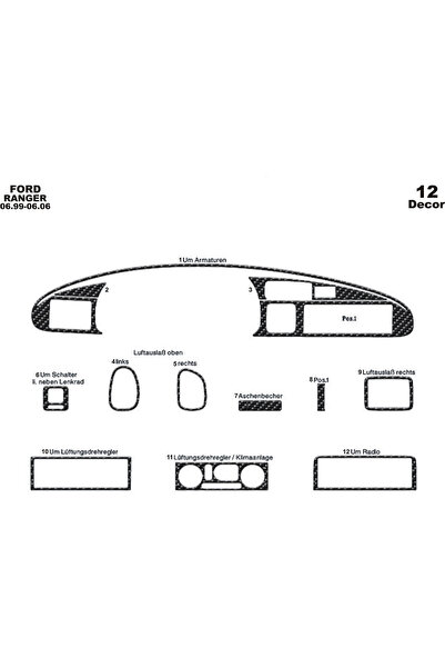 Ford Ranger Torpido Kaplama 1999-2006 12 Parça