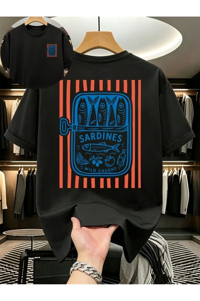 AEMİ Unisex Sardines Printed Oversize Crew Neck T-Shirt