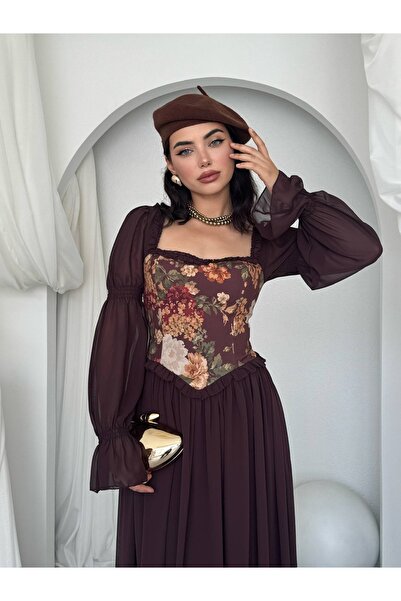 YURELİ Çiçek Desenli Korsaj Detaylı Kare Yaka Şifon Uzun Kollu Maxi Elbise