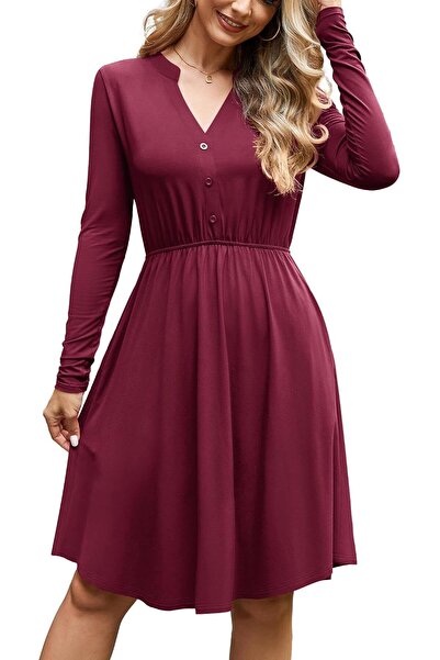 OtherMax Rochie de Damă Midi Clos cu Buzunare Vișinie Mărimea XL
