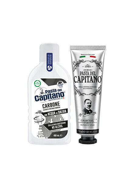 Pasta Del Capitano Pastă de dinți cu cărbune activ 1905 + Apă de gură cu cărb...