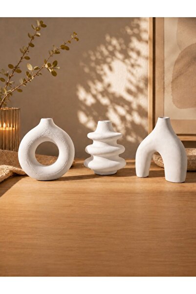 Valera Atelier Design 3’lü Beyaz Dekoratif Obje Seti | Modern Minimal Taş Toz...