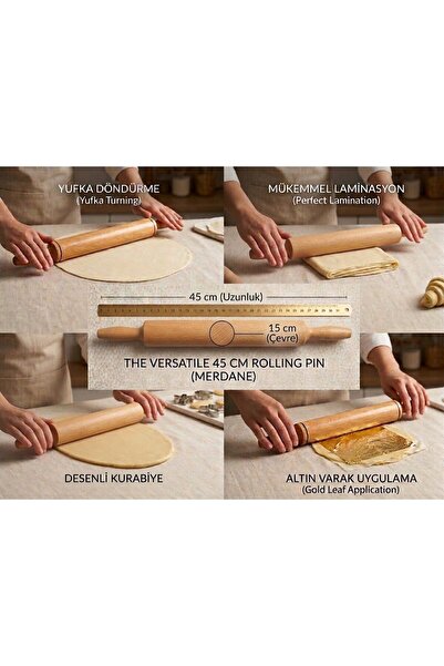 ÇEÇEN HOME Ağaç Merdane 45 cm (Çevre: 15 cm) - Ahşap Hamur Açma Merdanesi Yuf...