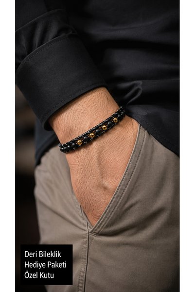 HER ŞEY NOTA www.herseynota.com Orelvian Goldember Black Leather Men's Bracel...