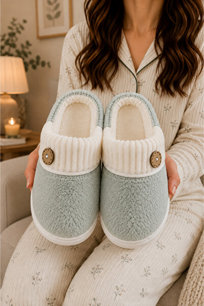 LUFFO Women's Button Detailed Plush Soft Thick Eva Sole House Slippers