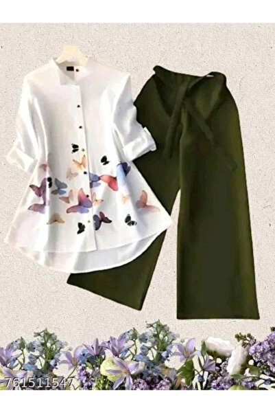 MYSMAR White Butterfly Print Tunic Palazzo Set - NJF8854 | White & Green-Size...