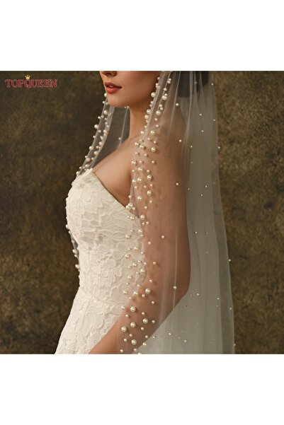 Null طرحة زفاف فاخرة من TOPQUEEN V 66 مزينة باللؤلؤ بدون مشط، طبقة واحدة بلون...