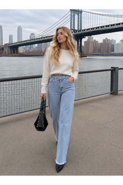 Swet Shop Jeans Women's High Waist Faded Effect Vintage Belted, Waist Tassel Leg Tassel with Lycra Palazzo Jean