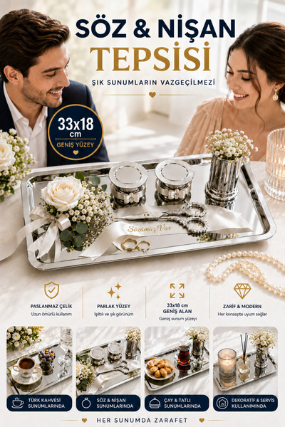 Open Home Concept Söz Nişan Tepsisi 33x18 cm Paslanmaz Çelik Gümüş Dikdörtgen...