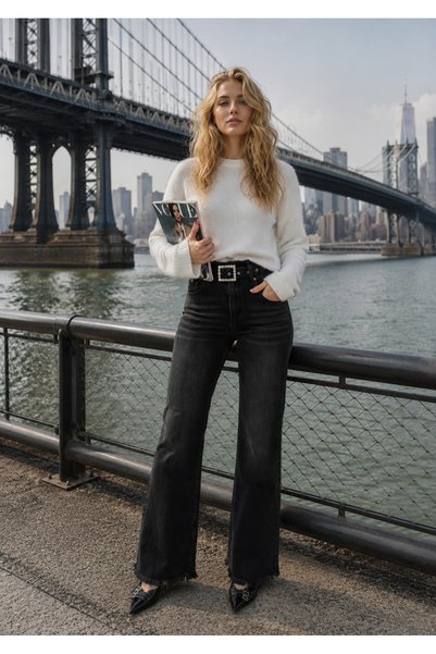 Swet Shop Jeans Women's High Waist Faded Effect Vintage Belted, Waist Tassel Leg Tassel with Lycra Palazzo Jean