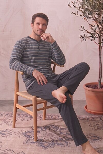 Farya Home Cotton Buttoned Collar Long Sleeve Striped Men's Pajamas Set