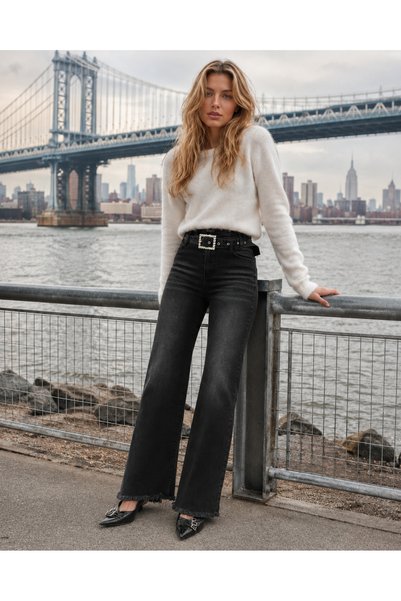 Swet Shop Jeans Women's High Waist Faded Effect Vintage Belted, Waist Tassel Leg Tassel with Lycra Palazzo Jean