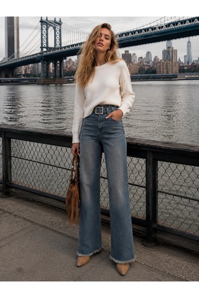Swet Shop Jeans Women's High Waist Faded Effect Vintage Belted, Waist Tassel Leg Tassel with Lycra Palazzo Jean