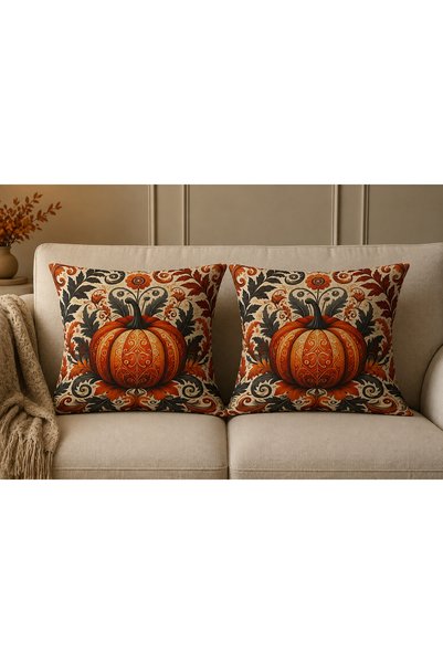 Softifyhome Pumpkin Patterned 2-Piece Decorative Throw Pillow Cover 43X42 cm |   Autumn Themed Sofa Cushion Cover |   Raschel Fabric