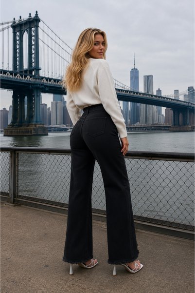 Swet Shop Jeans Women's High Waist Faded Effect Vintage Belted, Waist Tassel Leg Tassel with Lycra Palazzo Jean