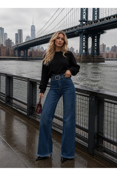 Swet Shop Jeans Women's High Waist Faded Effect Vintage Belted, Waist Tassel Leg Tassel with Lycra Palazzo Jean