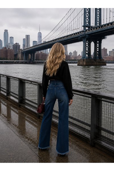 Swet Shop Jeans Women's High Waist Faded Effect Vintage Belted, Waist Tassel Leg Tassel with Lycra Palazzo Jean