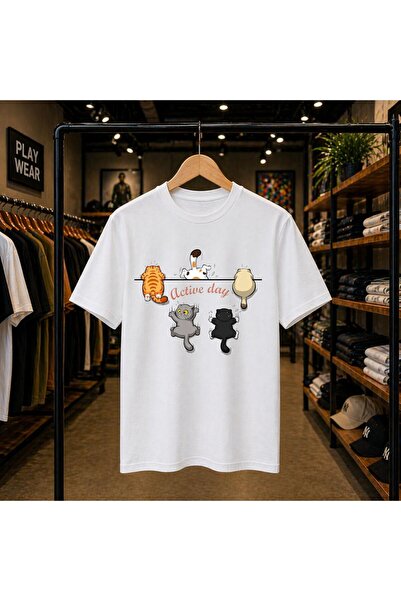 playwear تي شيرت أكتيف كات مطبوع 100% قطن بمقاس كبير وفضفاض وياقة دائرية