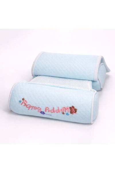 Pony Poney Baby Pillow, Light Blue, Embroidered Happy Baby Design, Quilted Soft Cushion with Mesh Pocket, 2 Piece Set