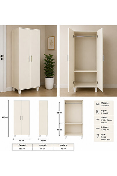 Passionis Elbise Dolabı Krem Renk 160×65×45