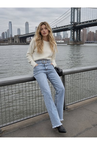 Swet Shop Jeans Women's High Waist Faded Effect Vintage Belted, Waist Tassel Leg Tassel with Lycra Palazzo Jean