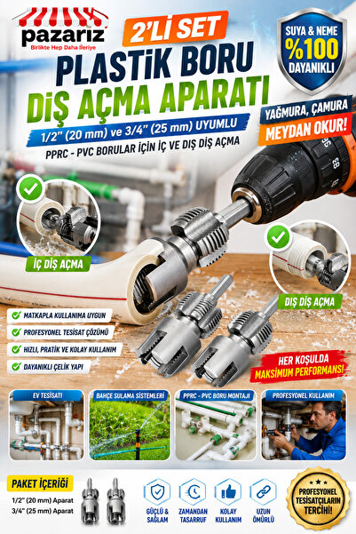 pazariz PPRC PVC Plastik Boru Diş Açma Seti 2’li 1/2” 3/4” 20-25mm Pafta Tesisatçı Klavuz Rayba Matkap Adaptörlü Tamir Onarım Montaj Aparatı