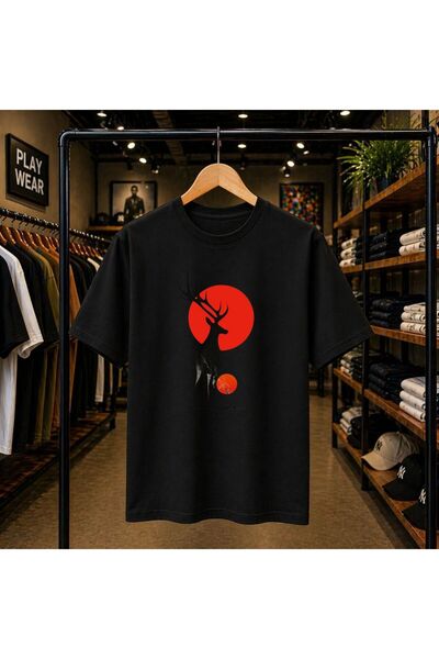 playwear Deer Printed 100% Cotton Oversize Loose Regular Fit Crew Neck T-Shirt