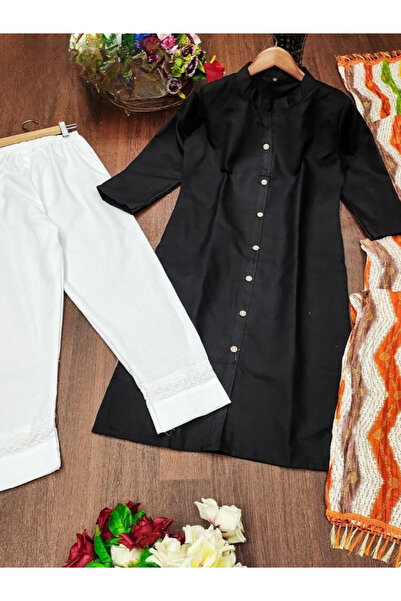 MYSMAR Black Slub Cotton Kurta Set - NJF2731 | Black -Size:M-38-Inches