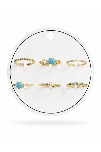 serelya Gold Color Brass Blue Stone Detailed 6-Piece Ring Set, Size 7-8