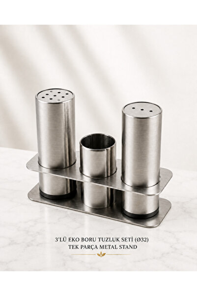 EMİN 3'lü EKO BORU TUZLUK SETİ TEK PARÇA METAL STAND (304) paslanmaz çelik 2 adet