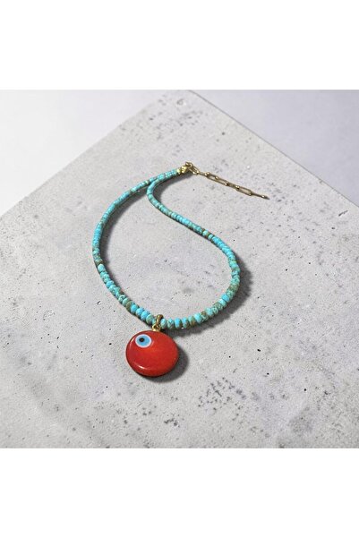 BonnieDesign Turkuaz Doğal Taş Kırmızı Nazar Boncuklu Kolye