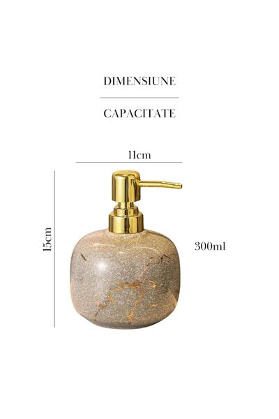 ELARO Dozator de săpun lichid cu aspect marmorat, capacitate de 300 ml, design elegant cu pompă aurie, ceramică premium, 15 x 11 cm, gri cu inserții aurii