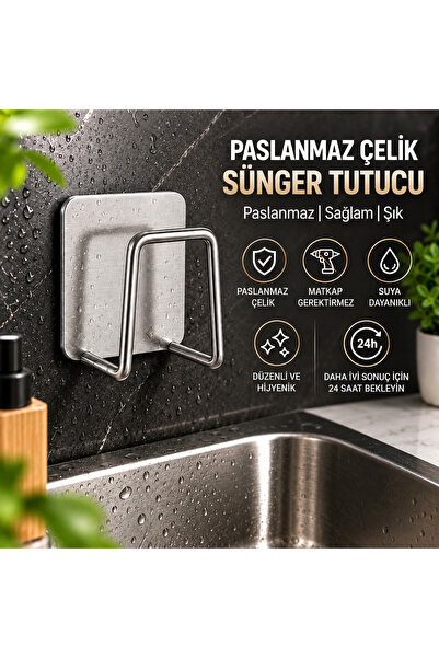 Genel Markalar Paslanmaz Çelik Yapışkanlı Sünger Tutucu – Matkapsız Mutfak La...