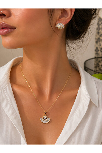FASHION Women's Gold Color Zircon Stone Fan Model Necklace Earring Set Does N...