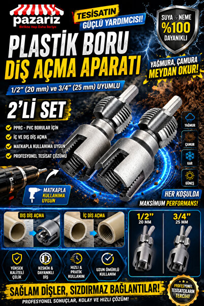 pazariz PPRC PVC Plastik Boru Diş Açma Seti 2’li 1/2” 3/4” 20-25mm Pafta Tesisatçı Klavuz Rayba Matkap Adaptörlü Tamir Onarım Montaj Aparatı