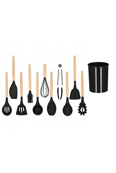 Solplant Set ustensile bucatarie, silicon si bambus, negru, 12 piese, Springos