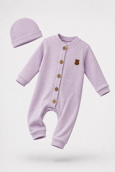 METEOR BABY Kız 7 Erkek / Unisex Bebek Tulum Takımı Ayıcık Detaylı Düğmeli 2'...