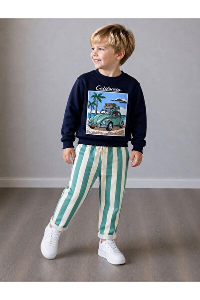 is kids wear Erkek Çocuk Lacivert California Baskılı Sweatshirt Ve Mint Yeşil...